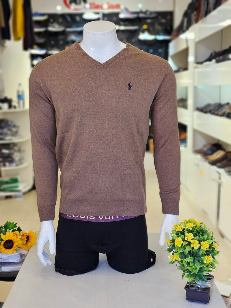 Pull polo col V Marron